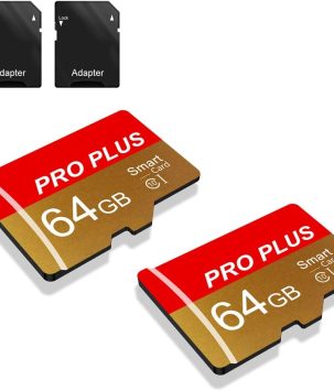 2 Pack TF Card 64GB with Adapter, High Speed Memory Card, UHS-I C10 A1 Memory TF Card for Tablet/Mobile Phone/Camera/Car Audio/Game Console (TF162 Red Gold 64GB)