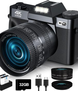 2024 Upgrade VJIANGER Digital Camera for Photography 4K 56MP Vlogging Camera for YouTube with WiFi, 180° Flip Screen, 16X Digital Zoom, 52mm Lens, 2 Batteries, 32GB Micro SD Card(Black)